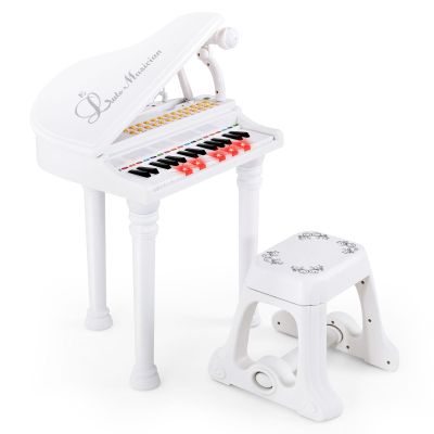Costzon Kids Piano, 31 Key Mini Grand Piano Toy Keyboard with Microphone, Stool & Lights, Portable Electronic Piano Educational Musical Instrument Toy, Birthday Gift for Toddler Boys Girls (White)