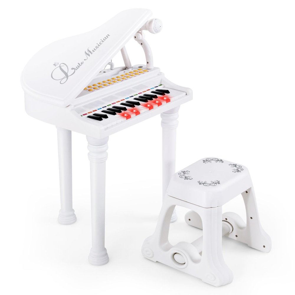 Costzon Kids Piano, 31 Key Mini Grand Piano Toy Keyboard with Microphone, Stool & Lights, Portable Electronic Piano Educational Musical Instrument Toy, Birthday Gift for Toddler Boys Girls (White)