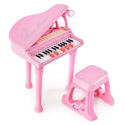 Costzon Kids Piano, 31 Key Mini Grand Piano Toy Keyboard with Microphone, Stool & Lights, Portable Electronic Piano Educational Musical Instrument Toy, Birthday Gift for Toddler Boys Girls (Pink)