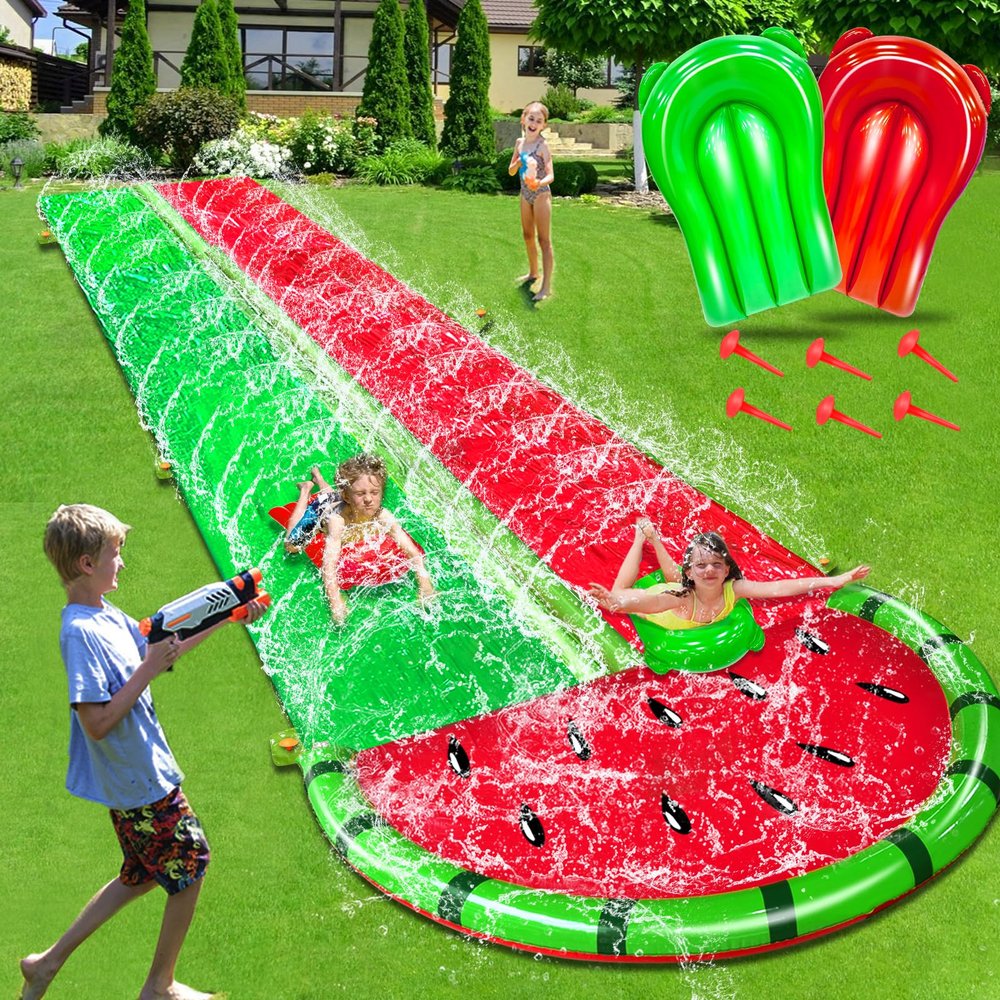 [ 3 Sided Safe Fence ] Watermelon Lawn Water Slides with 2 Bodyboards for Kids Adults, Heavy Duty Water Toys Sprinkler 2 Race Lane Outdoor Summer Beach Swimming Pool Water Game Party, 20 x 5.6 ft