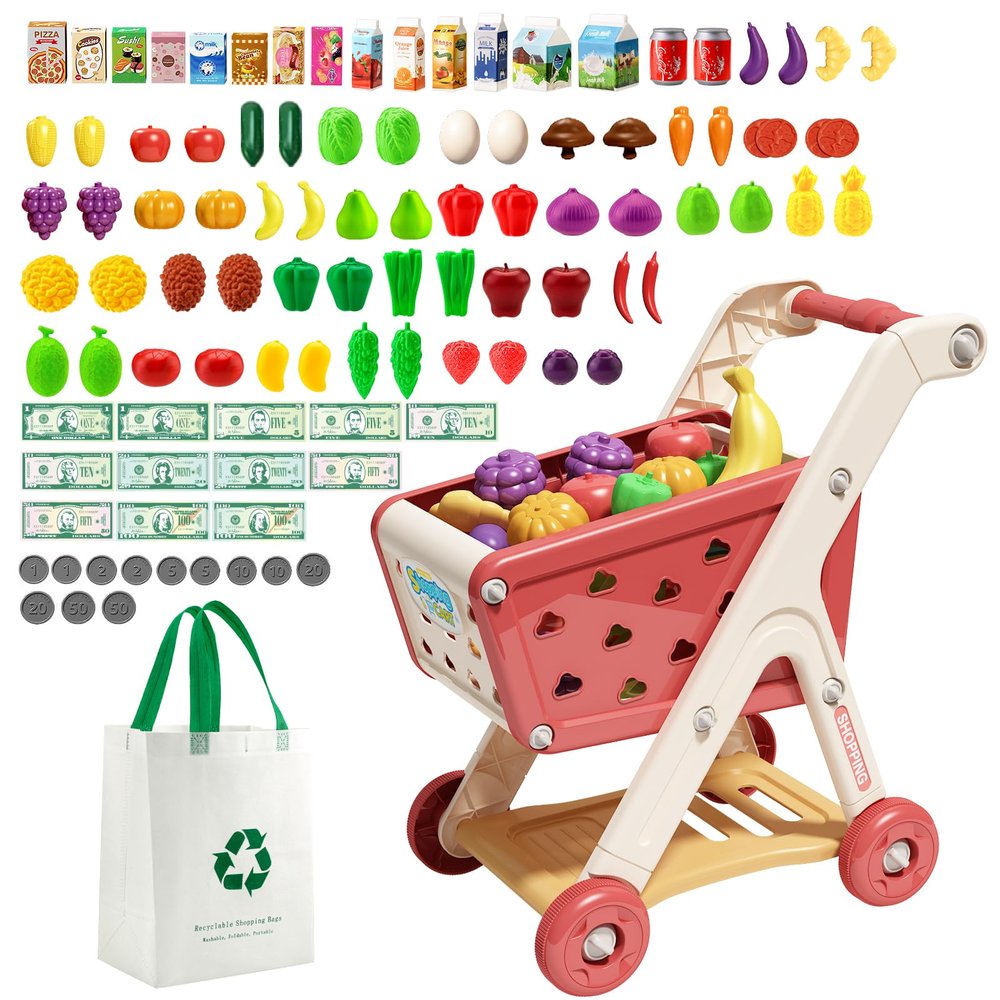 Jovow 102pcs Kids Shopping Cart Trolley Play Set with Pretend Food and Accessories,Perfect for Ages 3+ Pretend Play and Role-Playing Games (Red)