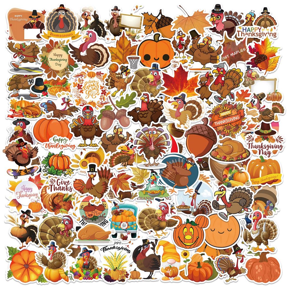 100PCS Fall Stickers Bulk, Thanksgiving Turkey Pumpkin Gifts for Kids, Autumn Waterproof Vinyl Stickers for Water Bottles, Scrapbooking, Harvest Party Favorites