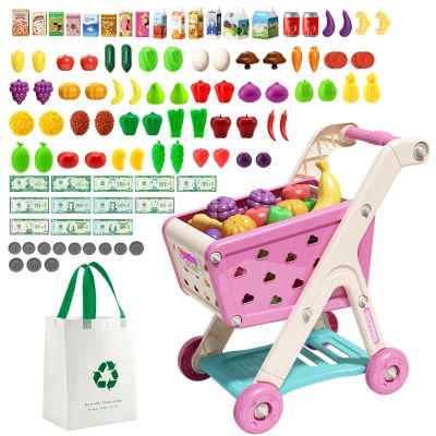 Jovow 102pcs Kids Shopping Cart Trolley Play Set with Pretend Food and Accessories,Perfect for Ages 3+ Pretend Play and Role-Playing Games (Pink)