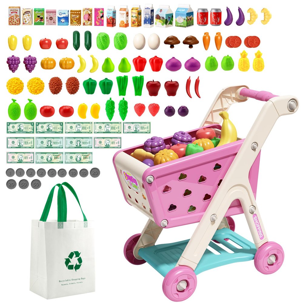 Jovow 102pcs Kids Shopping Cart Trolley Play Set with Pretend Food and Accessories,Perfect for Ages 3+ Pretend Play and Role-Playing Games (Pink)
