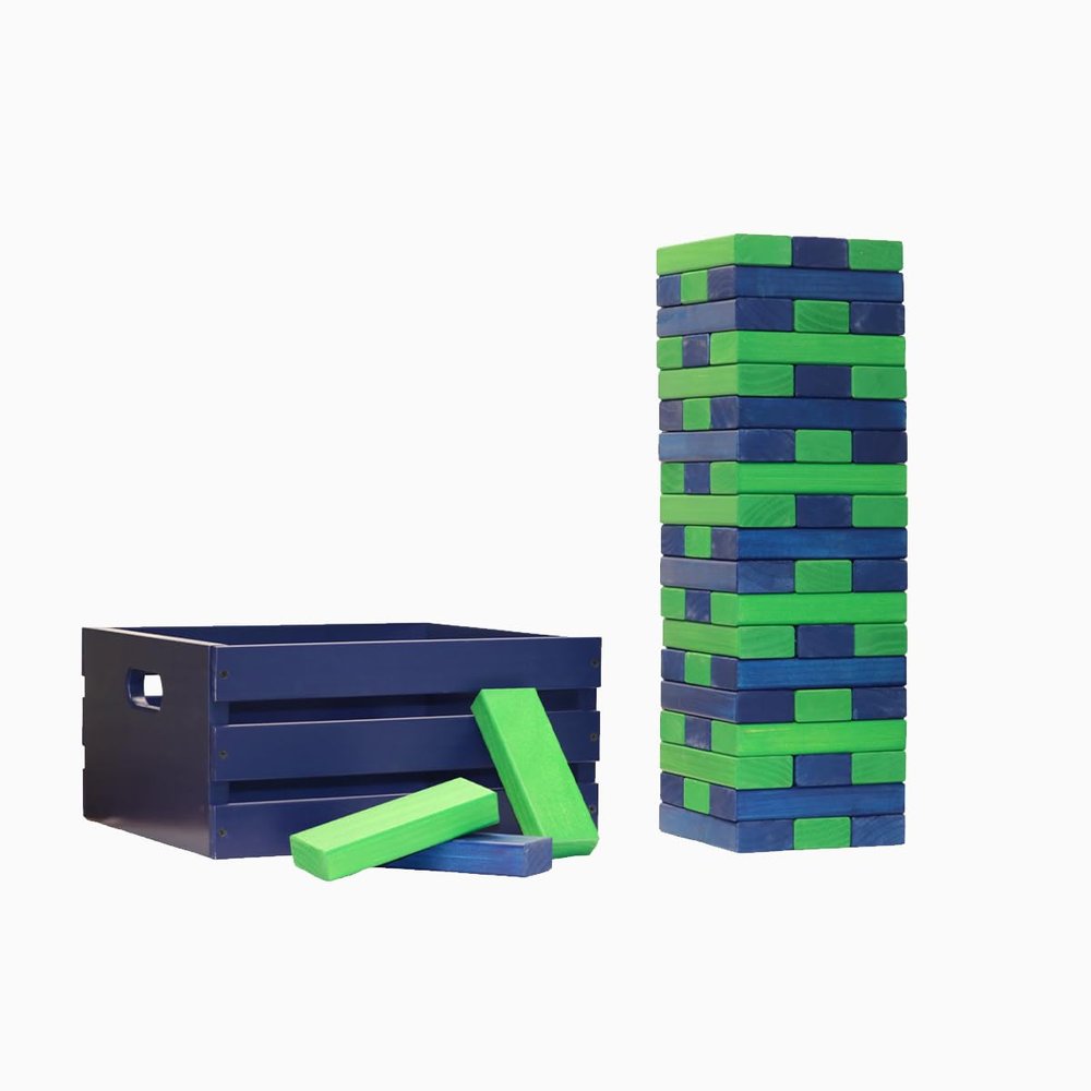 Tailgating Pros Premium Giant Toppling Timbers with Navy Crate  Choose Your Team Colors! Jumbo Outdoor Yard Game, Tower Grows to Over 5 Feet!  Optional Tipsy Stickers Available!