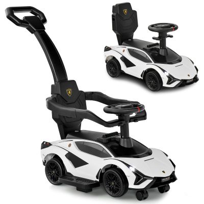 INFANS 3 in 1 Ride on Push Car, Licensed Lamborghini Baby Stroller Sliding Walking Car with Push Handle, Music, USB, Headlight, Under Seat Storage, Kids Foot-to-Floor Toy for 18-60 Months (White)