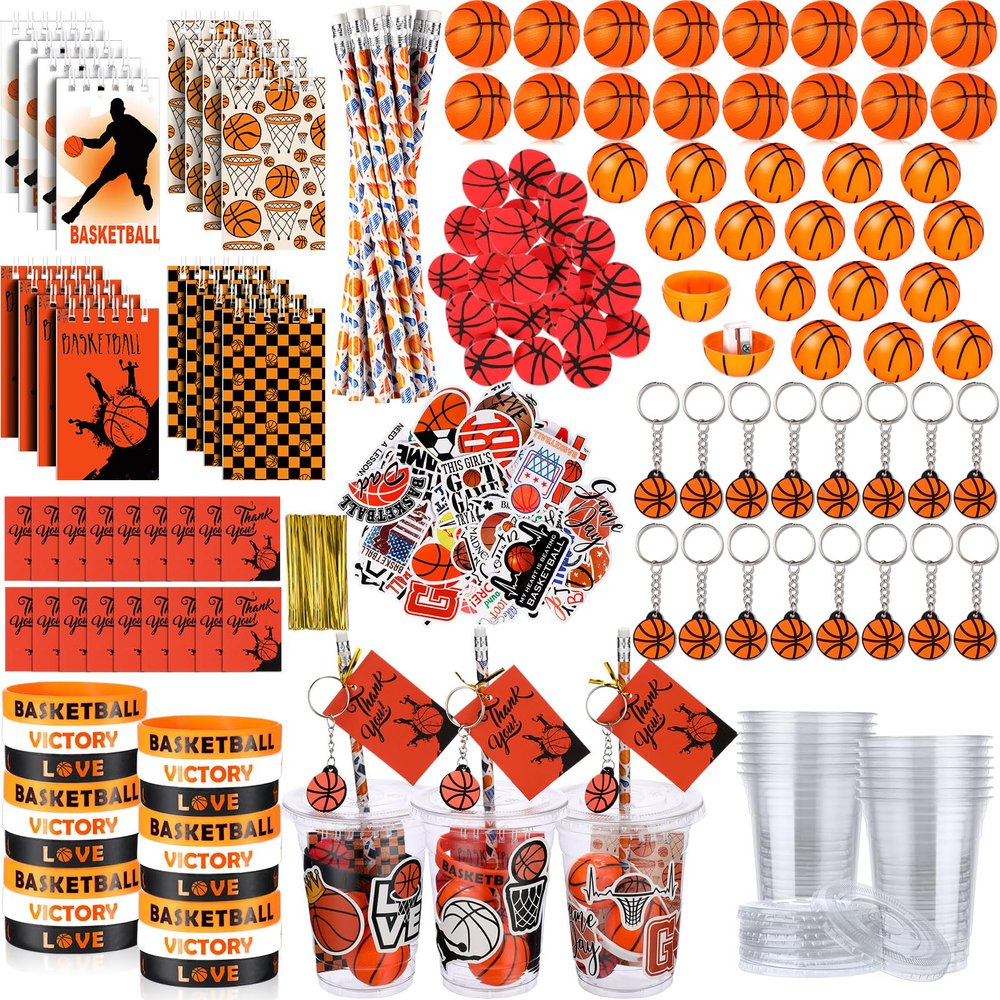 Colarr 195 Pcs Basketball Birthday Gifts Party Favors Sports Team Gift Cups Pencils Mini Book Keychains Wristbands Stickers Thank You Cards Eraser Sharpener Mini Ball for Basketball Party Supplies
