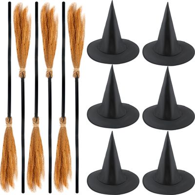 Cotiny 6 Set Halloween Witch Brooms and 6 Pcs Witch Hats Halloween Witch Broomstick and Wizard Hat for Halloweens Witchs Costume Accessories