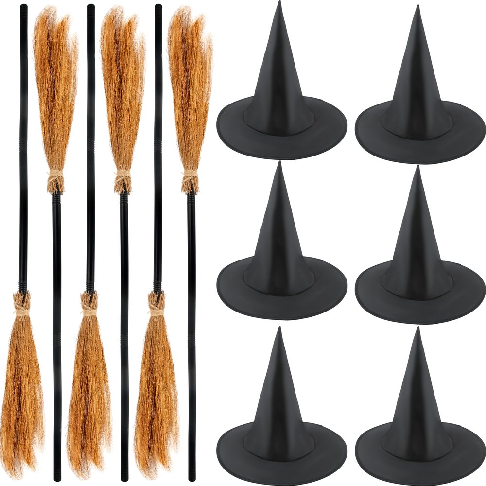 Cotiny 6 Set Halloween Witch Brooms and 6 Pcs Witch Hats Halloween Witch Broomstick and Wizard Hat for Halloweens Witchs Costume Accessories