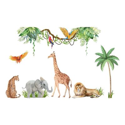 SUPERDANT Tropical Plants Animals Wall Stickers Lion Giraffe Elephant Cheetah Parrot Decals Vine Coconut Tree Sticker for Kids Nursery Bedroom Living Room DIY Art Home Decor Murals