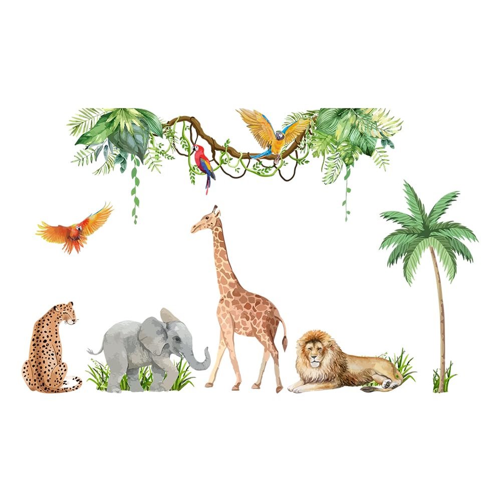 SUPERDANT Tropical Plants Animals Wall Stickers Lion Giraffe Elephant Cheetah Parrot Decals Vine Coconut Tree Sticker for Kids Nursery Bedroom Living Room DIY Art Home Decor Murals