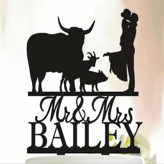 Cake Topper with Highland Cow,Wedding Cake Topper With pets,Cake topper with pig,goat,sheep,dog,cat,Ranch Wedding Cake Topper,Rustic Elegant Classic Silhouette Cake Toppers for Party Decor.