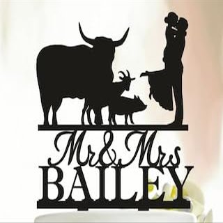 Cake Topper with Highland Cow,Wedding Cake Topper With pets,Cake topper with pig,goat,sheep,dog,cat,Ranch Wedding Cake Topper,Rustic Elegant Classic Silhouette Cake Toppers for Party Decor.