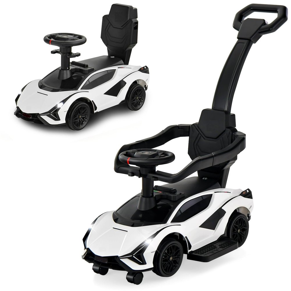 OLAKIDS 3 in 1 Ride on Push Car, Licensed Lamborghini SIAN Baby Sliding with Parent Control Handle Universal Wheels Guardrails, Toddlers Walking Toy with Music, Under Seat Storage (White)