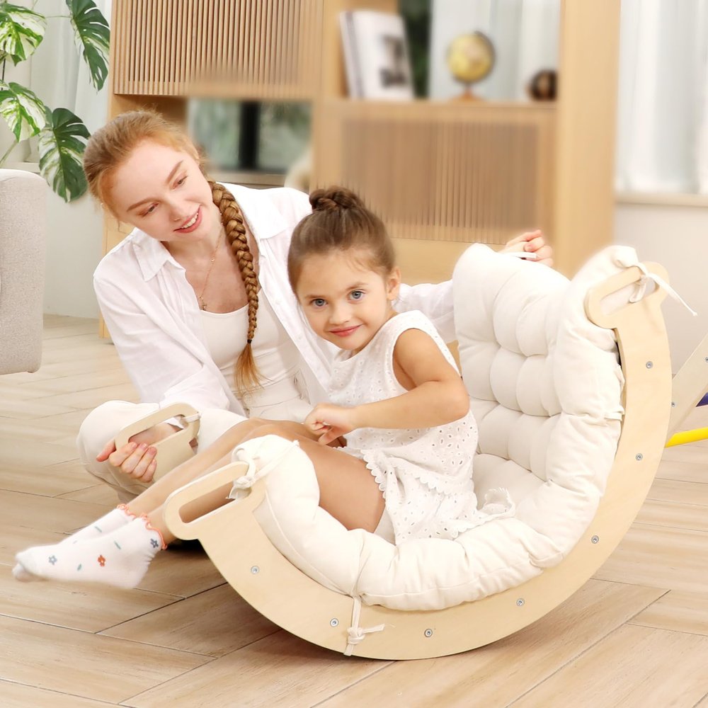 Ymonlia 2 in 1 Montessori Climbing Arch for Toddlers,Rainbow Wooden Climbing Arch Rocker& Cushion,Pillow for ArchesClimbing Triangle Ramp,Montessori Climbing Gym for Kids 0-8
