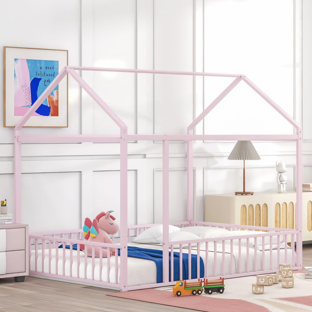 House Fence Floor Bed, Metal Full Size House-Shaped Fence Bed Frame with Roof and Fence, Full Bed House Bed Playhouse Bed for Kids, Bedroom Furniture Toddler Bed Fence Bed (Pink House Fence Bed)