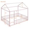 House Fence Floor Bed, Metal Full Size House-Shaped Fence Bed Frame with Roof and Fence, Full Bed House Bed Playhouse Bed for Kids, Bedroom Furniture Toddler Bed Fence Bed (Pink House Fence Bed) view 2