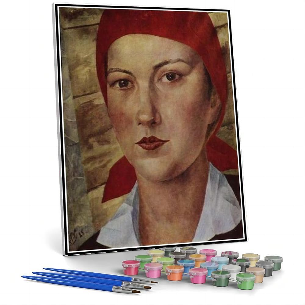 Paint by Numbers for Adult Kits Girl in Red Scarf Worker Painting by Kuzma Petrov-Vodkin DIY Oil Painting Paint by Number Kits