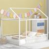 House Fence Floor Bed, Metal Full Size House-Shaped Fence Bed Frame with Roof and Fence, Full Bed House Bed Playhouse Bed for Kids, Bedroom Furniture Toddler Bed Fence Bed (White House Fence Bed) view 1