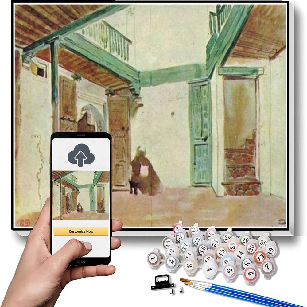 DIY Oil Painting Kit,Moroccan Courtyard Painting by Eugene Delacroix DIY Oil Painting Paint by Number Kits