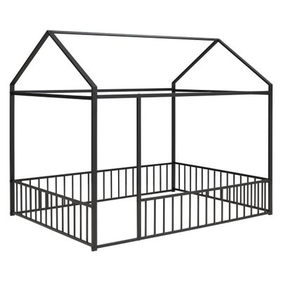 House Fence Floor Bed, Metal Full Size House-Shaped Fence Bed Frame with Roof and Fence, Full Bed House Bed Playhouse Bed for Kids, Bedroom Furniture Toddler Bed Fence Bed (Black House Fence Bed)