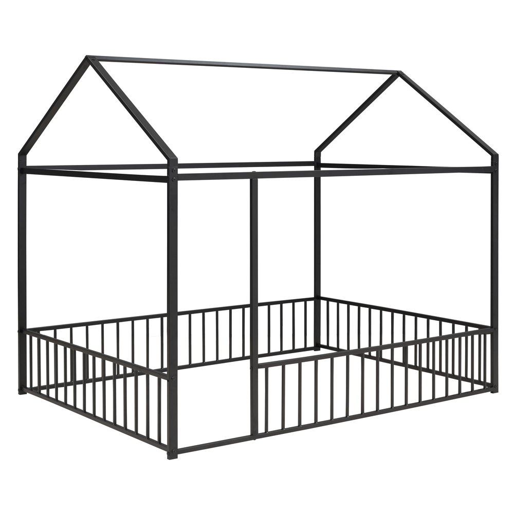 House Fence Floor Bed, Metal Full Size House-Shaped Fence Bed Frame with Roof and Fence, Full Bed House Bed Playhouse Bed for Kids, Bedroom Furniture Toddler Bed Fence Bed (Black House Fence Bed)