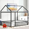 House Fence Floor Bed, Metal Full Size House-Shaped Fence Bed Frame with Roof and Fence, Full Bed House Bed Playhouse Bed for Kids, Bedroom Furniture Toddler Bed Fence Bed (Black House Fence Bed) view 2