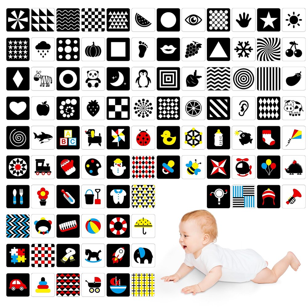 100 Pages Black White Colorful Baby Visual Stimulus Flashcard, 50 PCS High Contrast Baby Flashcards Sensory Toys for Newborn Infant Gift (2 Levels 0-6 Months, 5.5 X 5.5)
