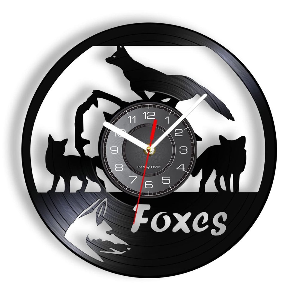 OTKU 12 Inch Decorative Wall Clock Foxes Family Vinyl Record Clock Woodland Nursery Kid Room Woodland Animals Wall Art Modern Design Home Decor Wall Clock for Room Decoration