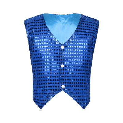 ACSUSS Kids Boys Sparkle Sequins Vest Waistcoat Jacket Hip-Hop Jazz Modern Dance Choir Performance Costume Blue 14-15 Years