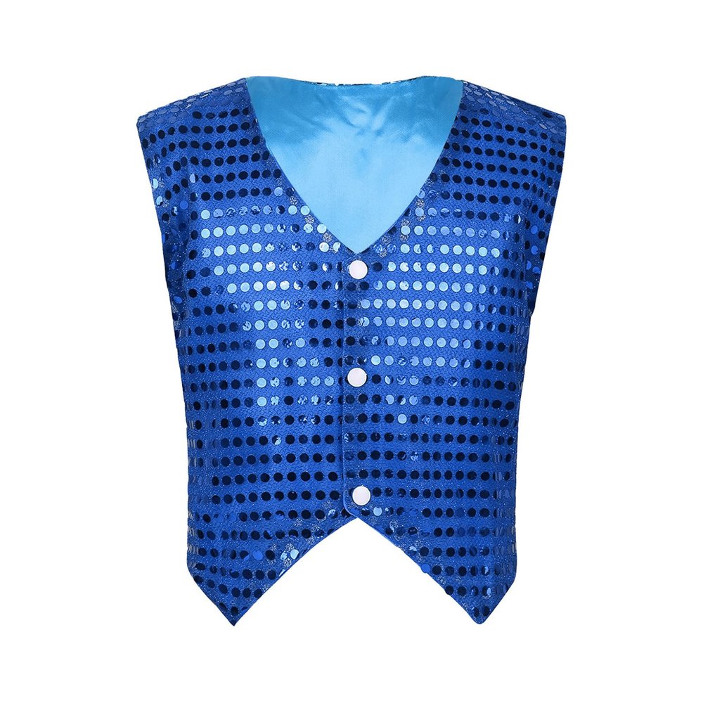 ACSUSS Kids Boys Sparkle Sequins Vest Waistcoat Jacket Hip-Hop Jazz Modern Dance Choir Performance Costume Blue 14-15 Years