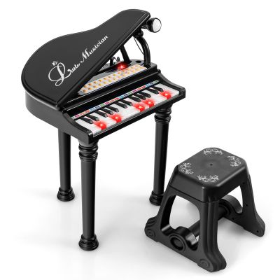 HONEY JOY Classical Kids Piano, 31-Key Toy Mini Grand Piano with Music Stand & Stool, Portable Electronic Educational Musical Instrument Toy w/ Microphone, Lights, Gift for Kids (Black, 31 Keys)