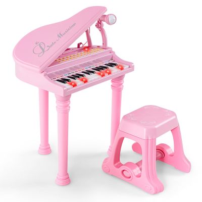 Honey Joy Classical Kids Mini Grand Piano w/ Music Stand & Stool, Portable Electronic Piano Educational Musical Instrument Toy w/ Microphone, Lights, Gift for Kids (Pink, 31 Keys)