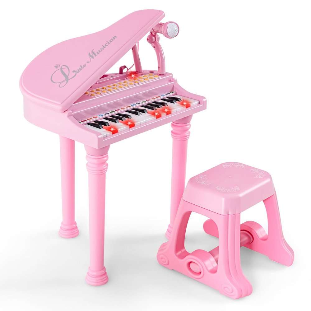 Honey Joy Classical Kids Mini Grand Piano w/ Music Stand & Stool, Portable Electronic Piano Educational Musical Instrument Toy w/ Microphone, Lights, Gift for Kids (Pink, 31 Keys)