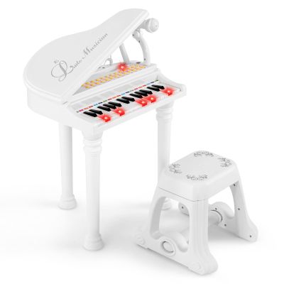 HONEY JOY Classical Kids Piano, 31-Key Toy Mini Grand Piano with Music Stand & Stool, Portable Electronic Educational Musical Instrument Toy w/ Microphone, Lights, Gift for Kids (White, 31 Keys)