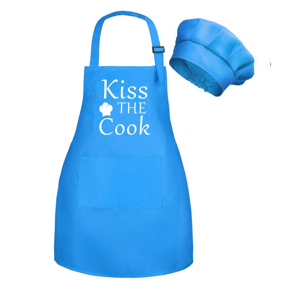 XIMEYAA Kids Apron And Chef Hat Set With Pockets Child Apron For Boys Girl Cooking Kitchen Children Aprons Adjustable Tie (Blue)