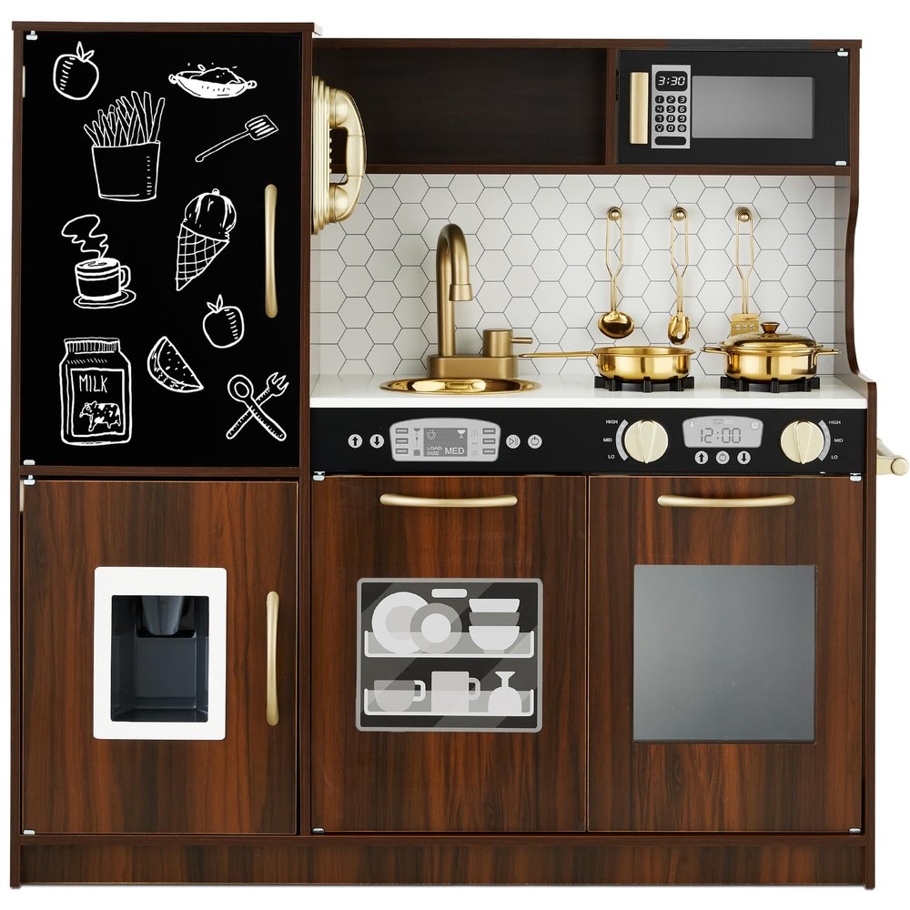 Best Choice Products Pretend Play Kitchen Wooden Toy Set for Kids w/Realistic Design, Telephone, Utensils, Oven, Microwave, Sink - Espresso