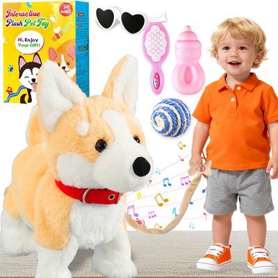 HCdoujoy Corgi Walking Dog Barking Toy, Musical Singing Dancing Volume Control Interactive Puppy Walk Along with Leash, Wagging Tail Shaking Head, Electronic Dogs Stuffed Animal Puppy for Kid