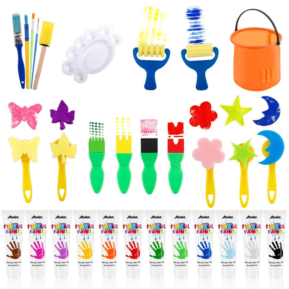 ABEIER Washable Finger Paint Kit for Toddlers, 12 Colors with Paint Tools, Safe Non-Toxic, Baby Safe Paint for Hand and Feet, Mess Free Art Supplies for Kids, DIY Crafts, Kids Gifts, Ages 3+