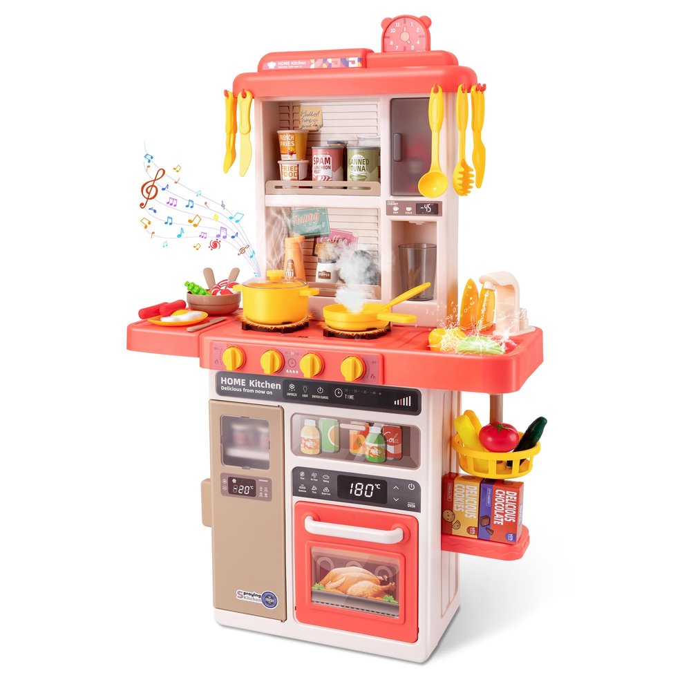 Kids Kitchen Play SetInteractive Kids Kitchen Play Set with 50Pcs of Pretend Kitchen ToysRealistic Sound Effectsand Simulated Functionality - Suitable for Toddlers Aged 3-5 Years(Pink)