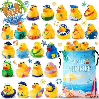 24 Pcs Summer Rubber Ducks with a Bag, Ducks for Jeeps, Assorted Beach Toys for Duckies Games, Summer Prizes Holiday Party Favors, Pool Water Bath Cruise Toys, Valentines Day Gifts for Kids