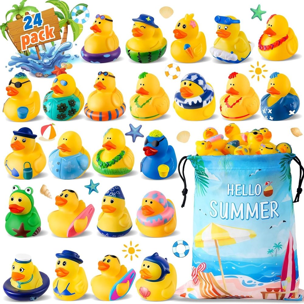 24 Pcs Summer Rubber Ducks with a Bag, Ducks for Jeeps, Assorted Beach Toys for Duckies Games, Summer Prizes Holiday Party Favors, Pool Water Bath Cruise Toys, Valentines Day Gifts for Kids