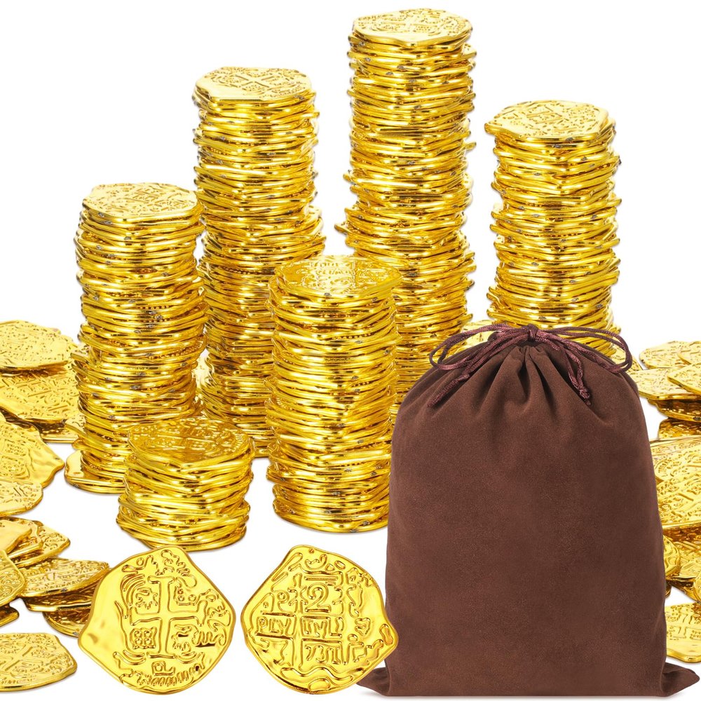 Jenaai 500 Pcs Pirate Plastic Coins Set with Bag Pirate Treasure Play Coins Replica Spanish Doubloons for Board Games Tokens Cosplay Halloween Adventure Party Supply(Gold)