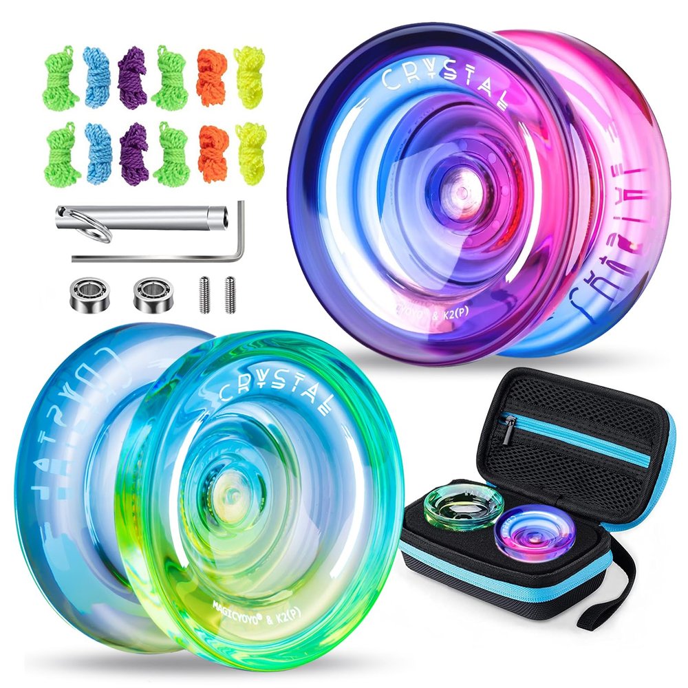 MAGICYOYO Responsive Yoyo K2 Crystal Blue-Yellow + Pink-Purple, Dual Purpose Yo Yo for Kids Beginners, Extra Unresponsive Bearings Kit for Intermediate Advanced+12 Replacement Strings + Storage Case
