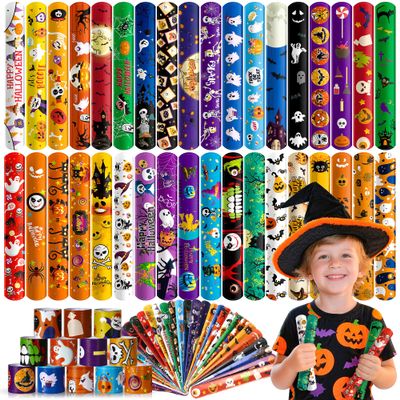 Childom 48Pcs Halloween Slap Bracelet For Kids,Halloween Decorations Gifts Party Favors Bracelet Decoration Outdoor,School Classroom Prizes Snap Bracelets Bulk Decor,Holiday Favors for Kids,Boys,Girls