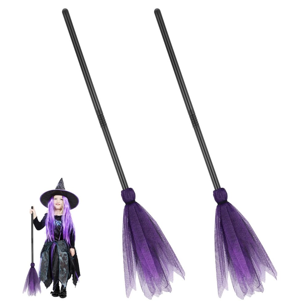 Garneck 2Pcs Witch Broom Props 90cm Purple Mesh Brooms for Halloween Cosplay Halloween Broomstick Dress up Accessories for Parties and Festivals