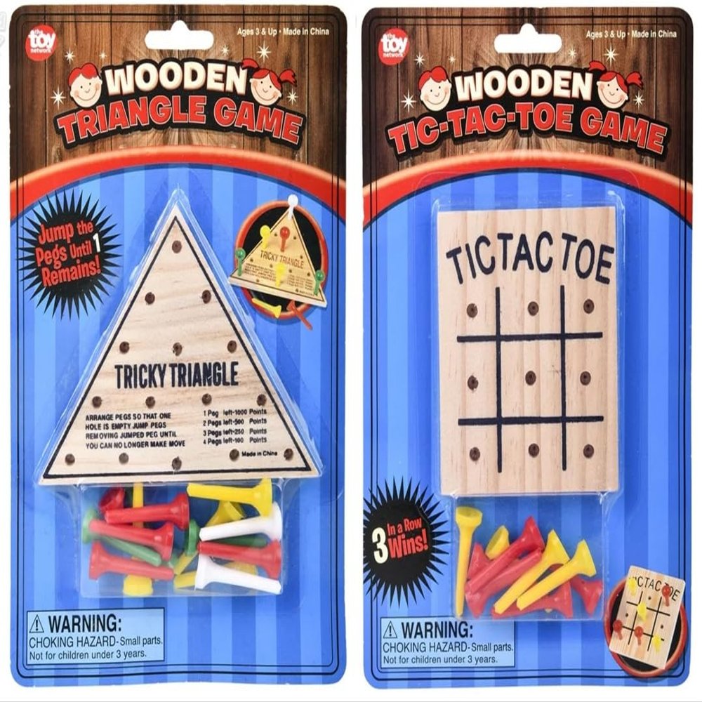 HAPPY DEALS ~ Wooden Peg Tic Tac Toe and Triangle Games | 2 Pc Set | Individually Packaged Stocking Stuffers and Toys