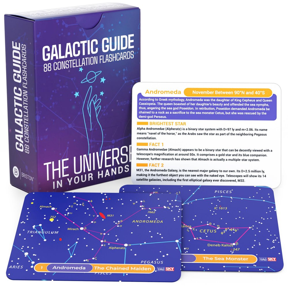Briston Galactic Guide 88 Constellation Flashcards Astronomy Learning Cards for Kids & Adults, Star Chart Study Set with Brightest Stars, Facts & Illustrations, Space Education Gift for Stargazers