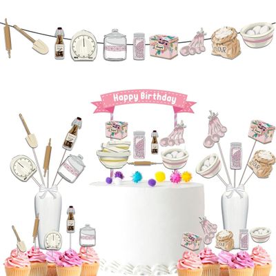 Cooking Party Decorations Set Baking Themed Birthday Supplies with Banner, Cupcake Toppers, Cake Topper & Centerpieces for Kids Girls Boys
