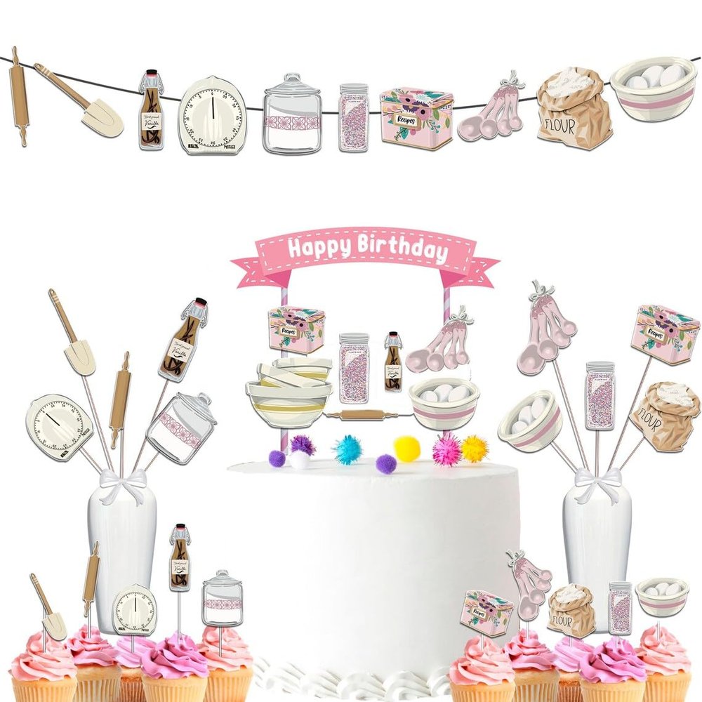 Cooking Party Decorations Set  Baking Themed Birthday Supplies with Banner, Cupcake Toppers, Cake Topper & Centerpieces for Kids Girls Boys